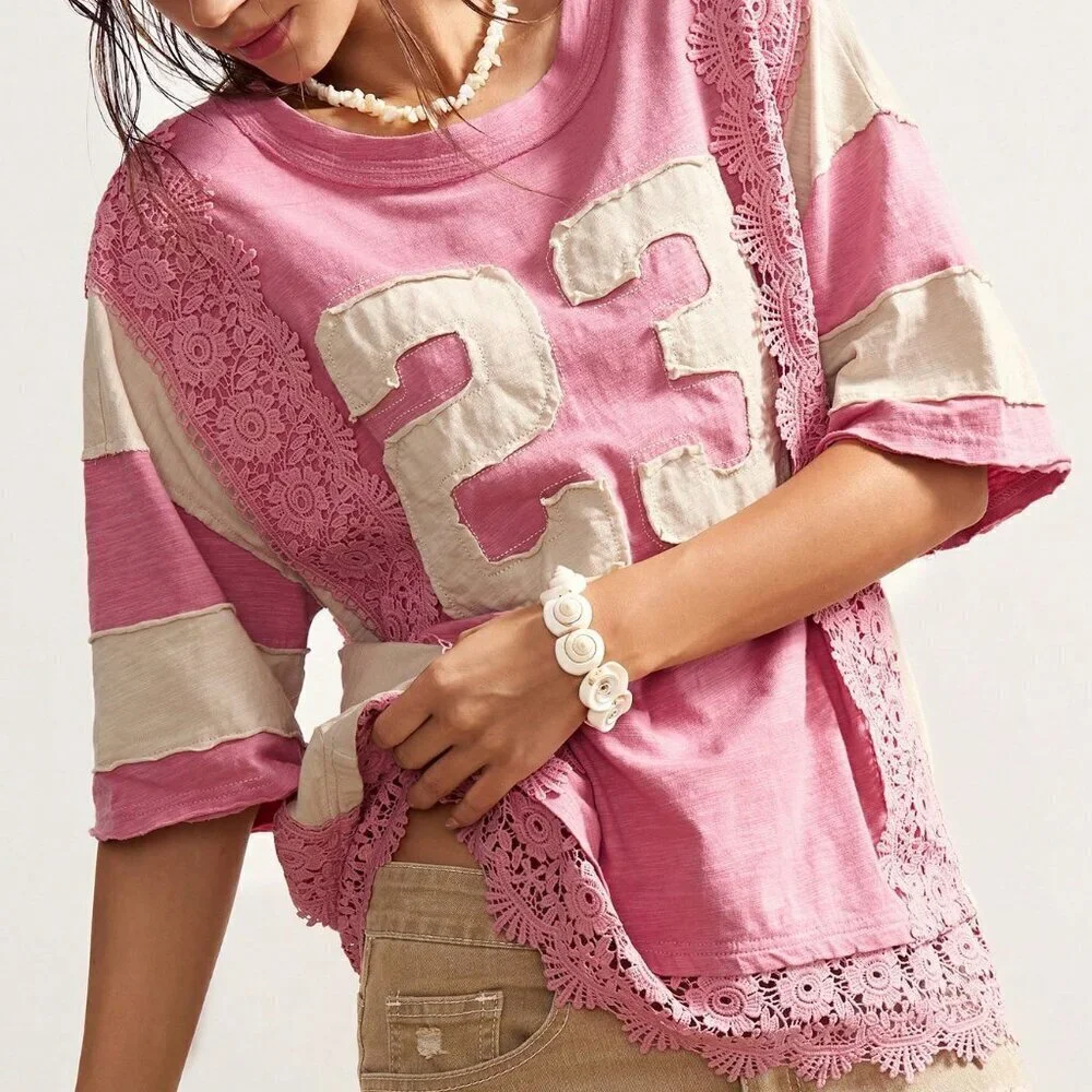 Pink Casual Women's Boho Lace Patchwork Round Neck Loose Washed tee shirt